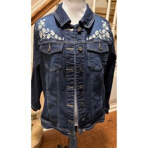 Denim & Co Daisy Embroidered Denim Jacket Dark Wash Indigo Floral Womens Small